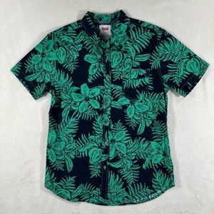 Levis Button Front Short Sleeved Shirt Hawaiian Palm Fern Print Green Black Sz S